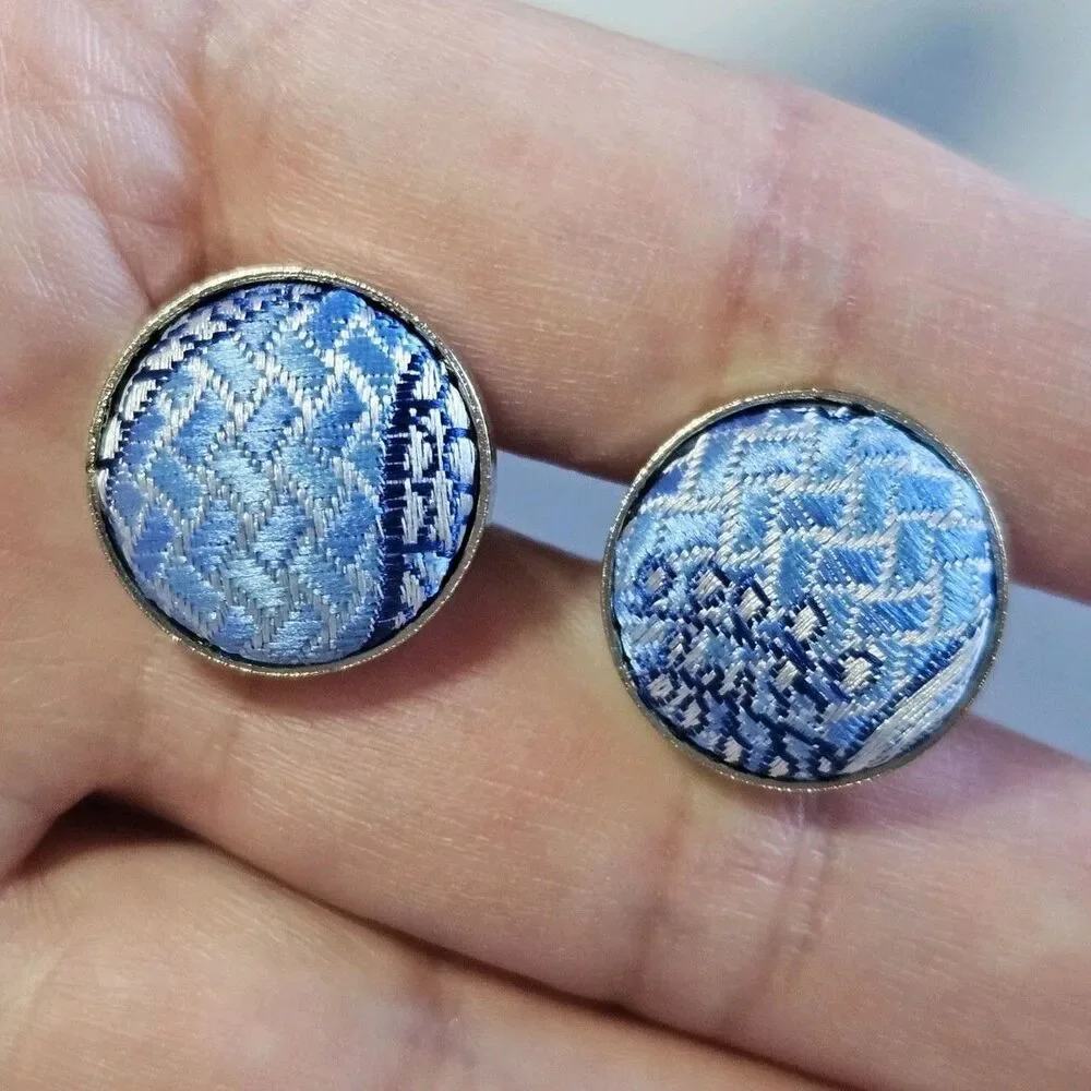 Silver Tone Blue And White Silky Fabric Round Cufflinks Vintage